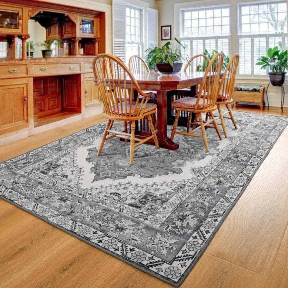 New 6x9 Washable Area Rug, Grey Blue Vintage Non-Slip Low Pile Carpet for Home